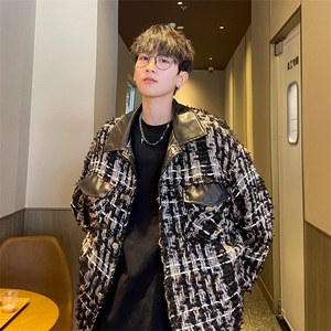 wassup happy格子外套男款春秋季潮流港风拼接休闲夹克宽松上衣服图片