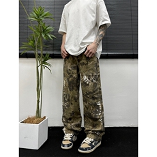 抖音品质美式高街oversize设计感蛇纹迷彩水洗弯刀裤，男装牛仔裤，星座310A-4