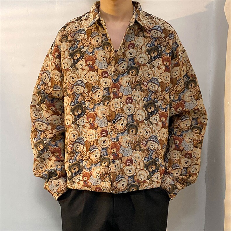 扎染小熊衬衫加厚长袖衬衫男青少年渐变外套百搭加厚衬衣CS911P55,男装衬衫,电商A062