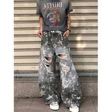 星星印花破洞牛仔裤男女夏季高腰宽松显瘦直筒拖地阔腿裤NZ7026，男装牛仔裤，星座1116A（原606A-3）