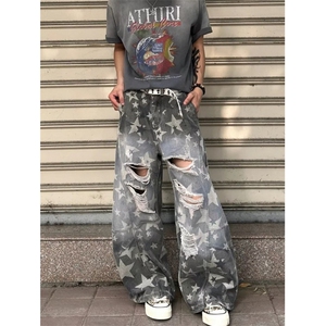 星星印花破洞牛仔裤男女夏季高腰宽松显瘦直筒拖地阔腿裤 NZ7026图片
