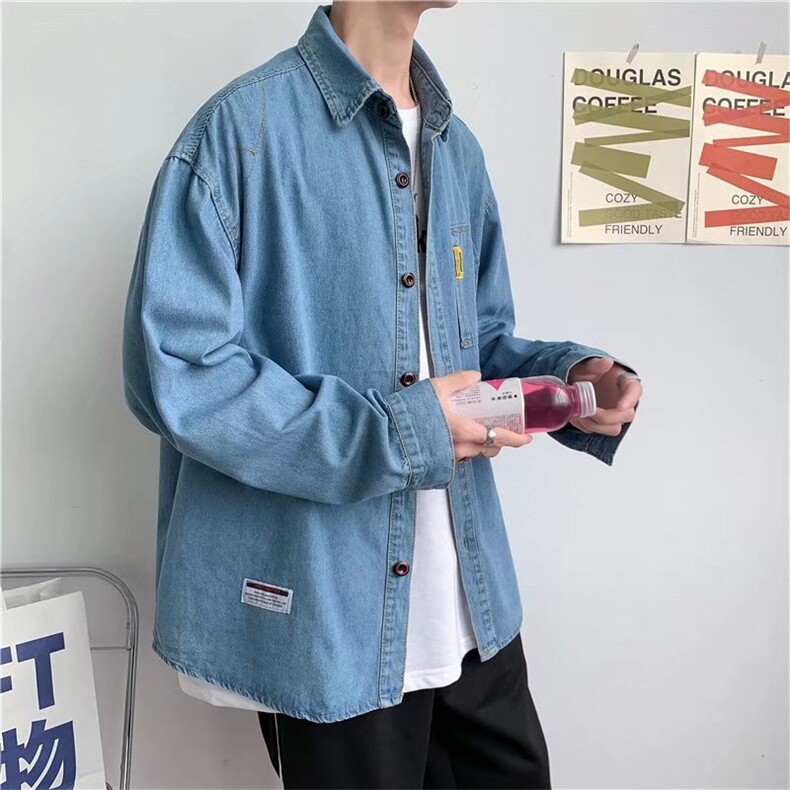 牛仔衬衫秋季外套男士潮牌休闲宽松寸衫男生长袖衬衣CS28-P45,男装衬衫,星座1008