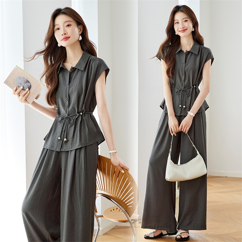 老钱风时尚套装女夏季2025新款休闲气质短袖收腰衬衫阔腿裤两件套，女装套装/套裙，慕咨