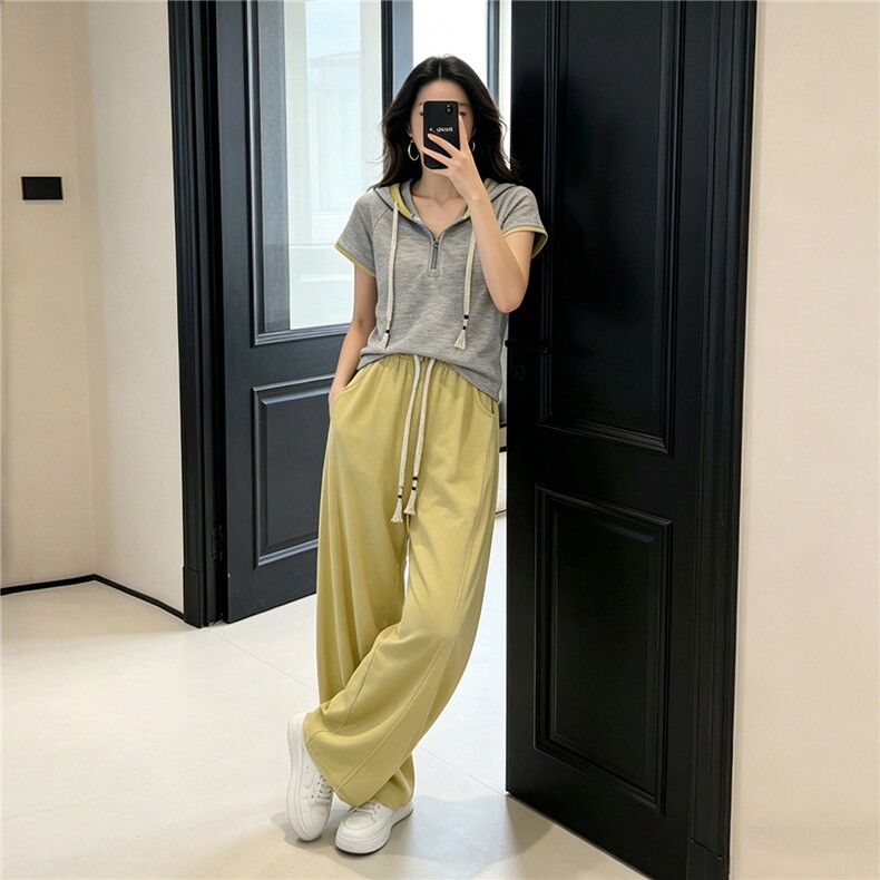 女夏季高级感休闲运动套装撞色拼接抽绳连帽短袖卫衣阔腿裤两件套,女装套装/套裙,江南