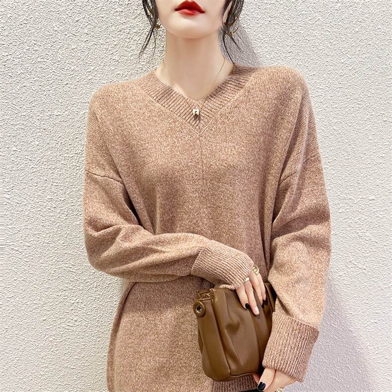 2025年秋季圆领长袖常规套头通勤V领时尚百搭通勤，女装针织衫/毛衣，挚尚羊绒