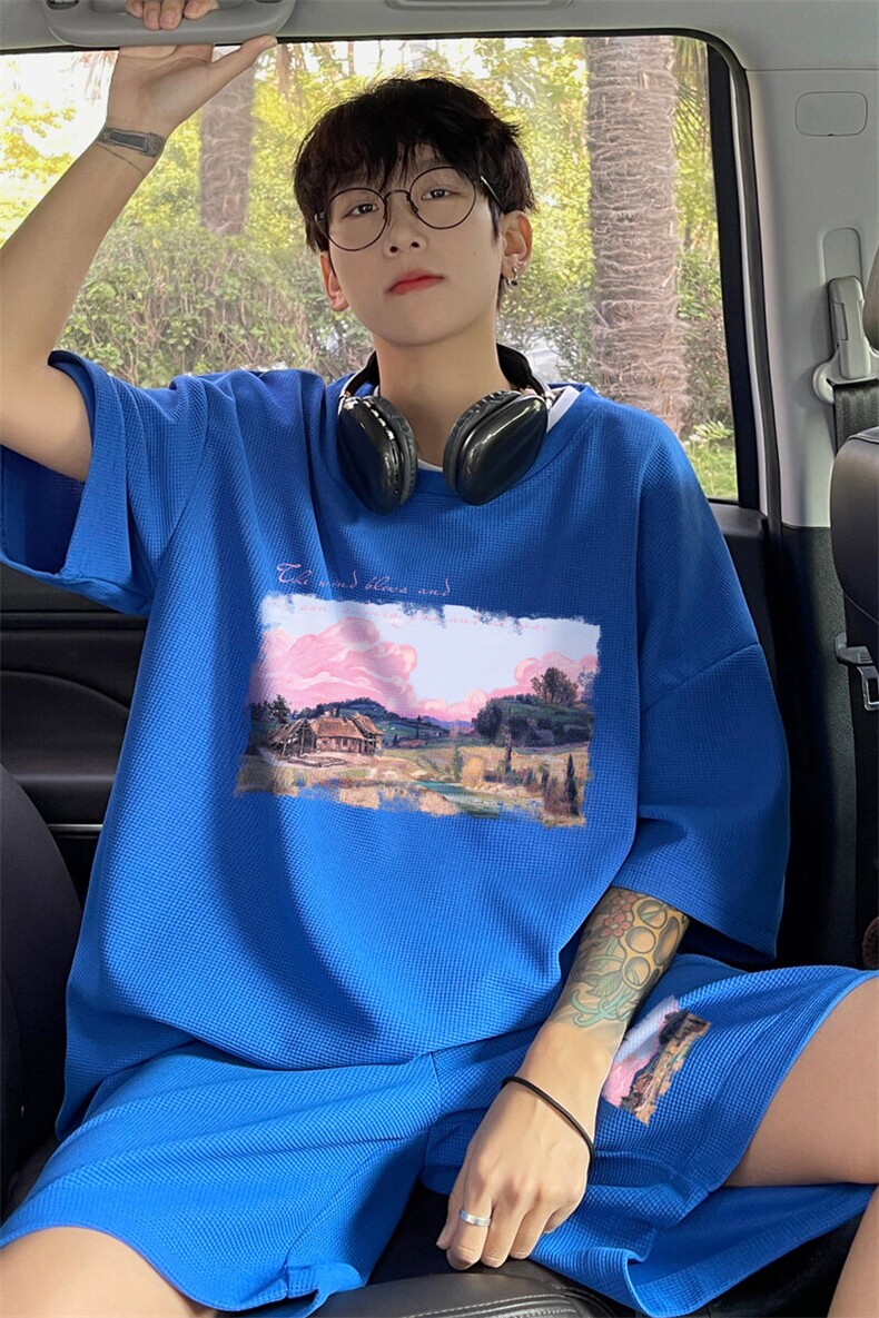 ！2025夏季新款男士华夫格短袖套装透气学生一套HTZ88P50,男装T恤,电商B220