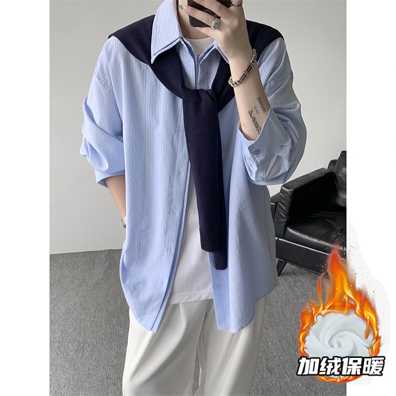 送针织披肩蓝条纹长袖衬衫男设计感小众宽松廓形衬衣CS536P75,男装衬衫,电商D206-1