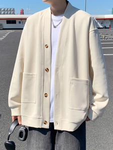 H220华夫格卫衣秋冬新款纯色V领开衫外套大码美式男生休闲上衣服图片