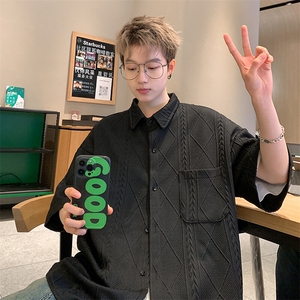 2026夏装翻领短袖衬衫大码男纹理提花衬衣菱形格 CS220/P35 黑色5图片