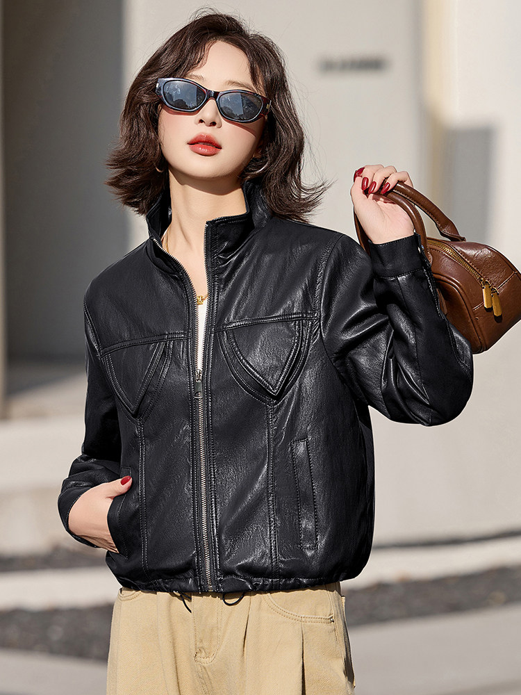 皮衣外套女短款2025新款春季时尚立领小个子休闲机车服皮夹克上衣,女装皮衣,臻衣坊