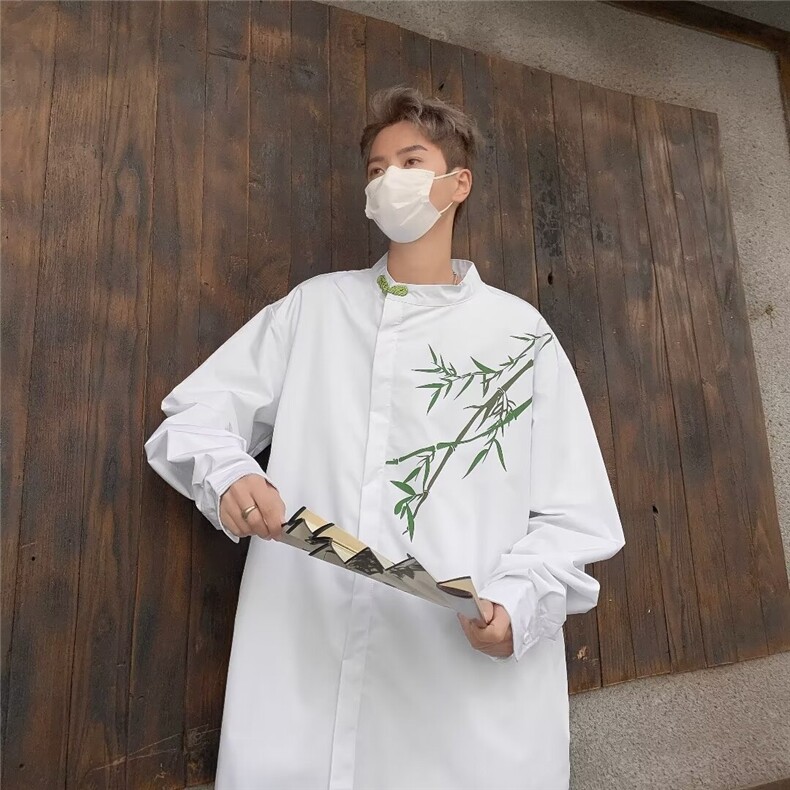 新中式风盘扣油画翠竹印花衬衫男女春秋高级感法式内搭长袖衬衣,男装衬衫,星座601-2