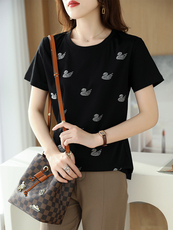 夏季女士丝光棉短袖t恤女夏黑色体恤衫镶钻女装上衣大码刺绣纯棉T，女装T恤，元素羊绒
