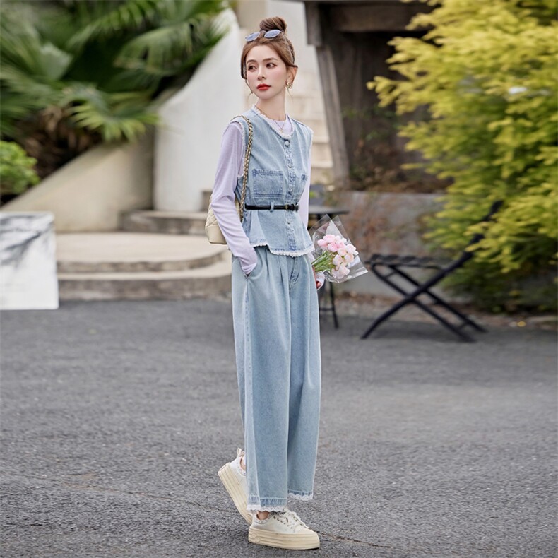 档口现货2025年新款女装春季休闲/淑女牛仔三件套套裤,女装套装/套裙,靓星雨