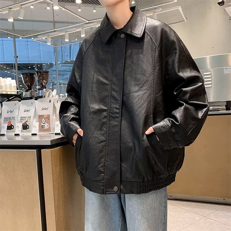 皮衣外套男款秋季美式高级感痞帅潮牌翻领宽松pu皮拼接机车服夹克,男装皮衣,星座506A