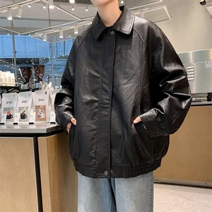 皮衣外套男款秋季美式高级感痞帅潮牌翻领宽松pu皮拼接机车服夹克图片