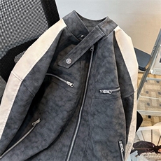 2025春美式机车磨砂拼皮潮棒球服飞行皮衣男女夹克外套W6046-P81，男装夹克，星座412-3