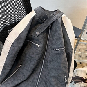 2025春美式机车磨砂拼皮潮棒球服飞行皮衣男女夹克外套W6046-P81图片