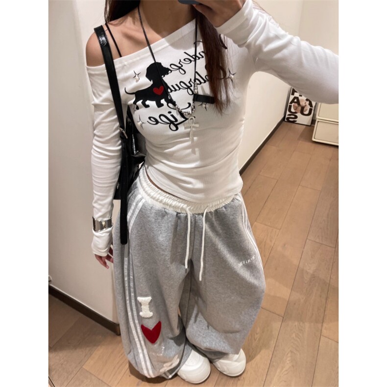 美式爱心字母弯刀卫裤女男秋季新款街舞嘻哈运动裤条纹阔腿休闲裤,男装休闲裤,星座601-1