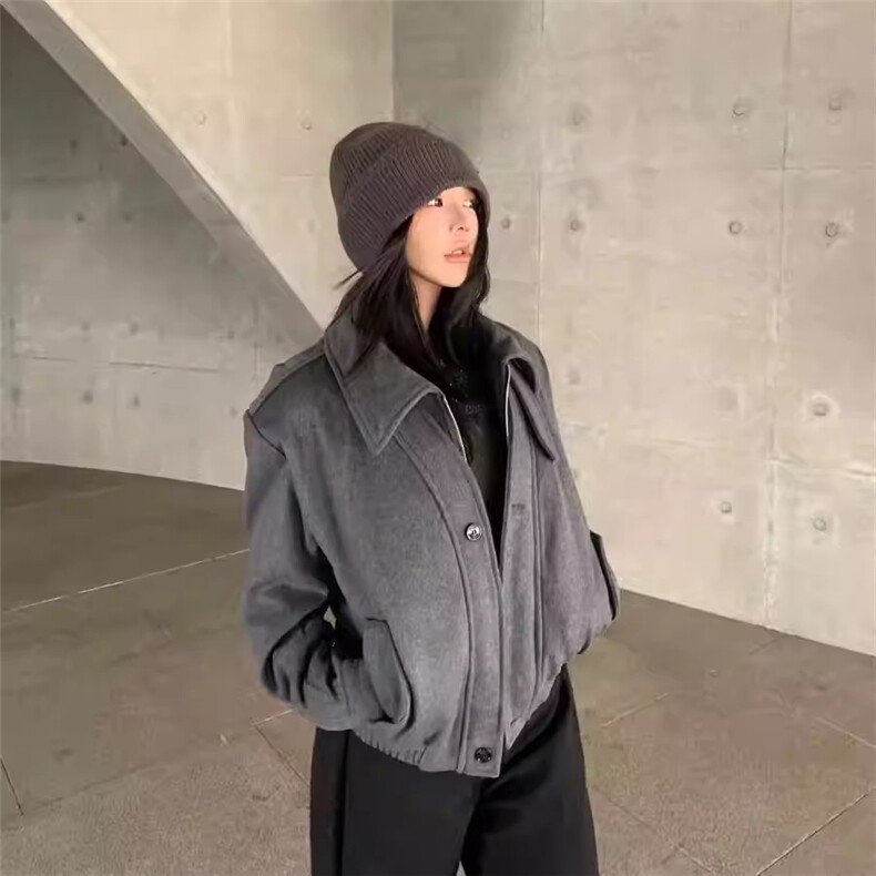 假两件双门禁仿羊毛夹克女新春美式正肩短宽boxy重磅翻领毛呢外套,男装夹克,星座506A