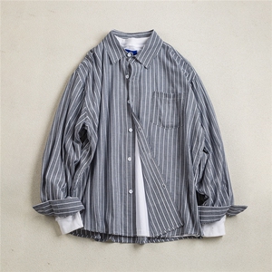 B413-1-DX6135美式复古提花长袖衬衫男女潮流宽松条纹百搭衬衣服