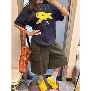 流行休闲七分裤新款原宿慵懒气质百搭ins无品牌日系潮流时尚简约图片