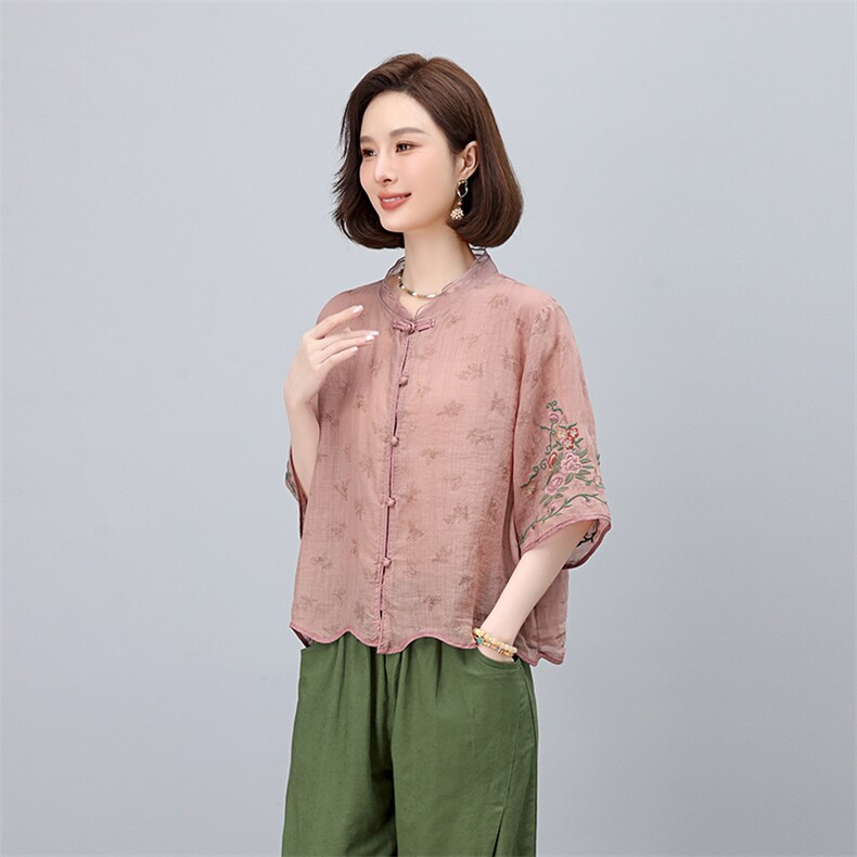 美衣重工刺绣双支苎麻衬衫女气质绣花衬衣春款长袖单排扣上衣蕾丝,女装衬衫,凝聚力