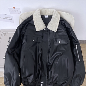 翻领毛领拼接美式复古棉服外套女冬季新款百搭pu夹棉皮衣图片