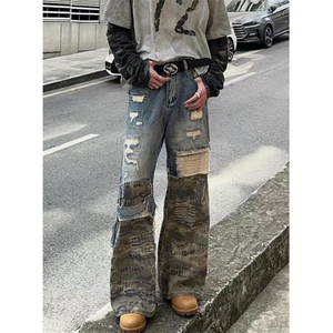 春秋季小众拼接迷彩破坏牛仔裤男复古小众拼接工装裤子NK1067,春款男装搭配分享图片