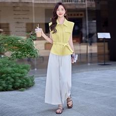 时尚阔腿裤套装女夏季2025新款穿搭洋气收腰无袖衬衣九分裤两件套，女装套装/套裙，慕依路