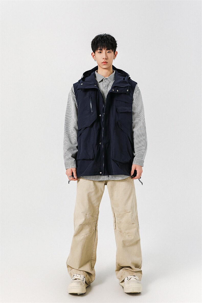 8XL-M钓鱼老外套街头机能口袋连帽防水无袖马甲坎肩JK1316P78,男装夹克,电商D206-1