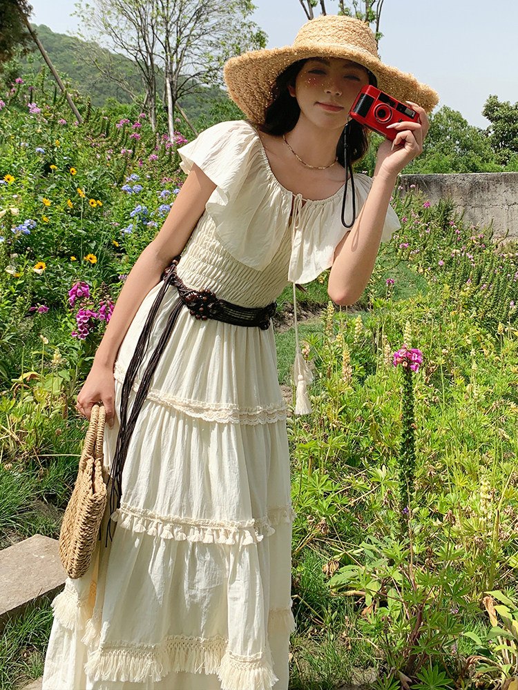 法式浪漫优雅连衣裙女2025夏季新款赫本风高腰一字肩荷叶边裙子潮,女装连衣裙,浙宝305