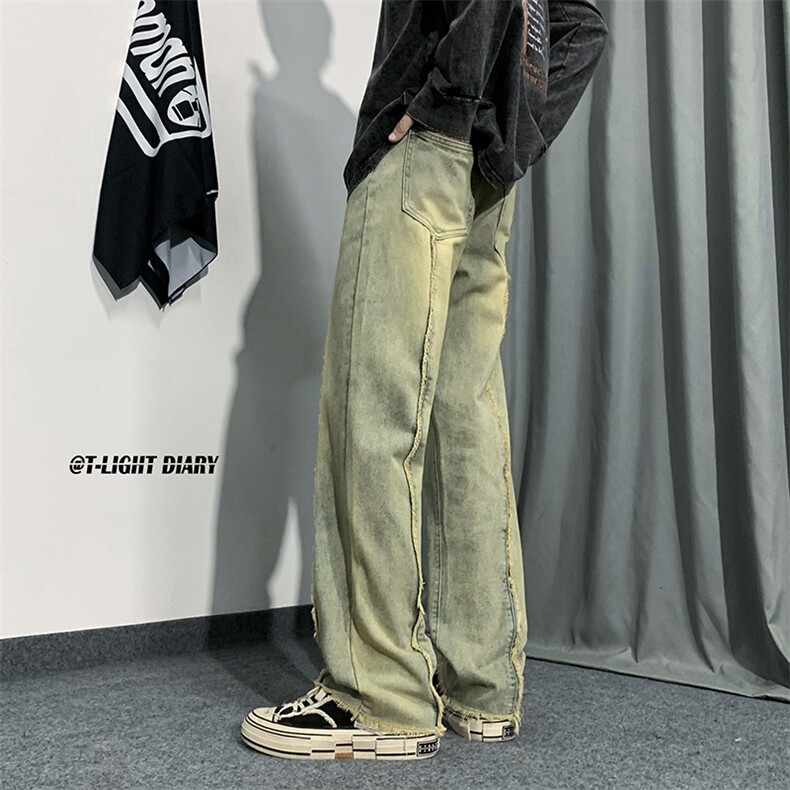 B221美式ins高街小众情侣款毛边直筒牛仔裤LK23013-P60控78,男装牛仔裤,电商B221