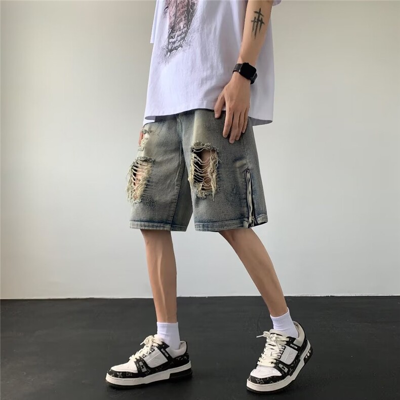 美式高街破洞牛仔短裤男女vibe夏季做旧直筒宽松五分裤DK8059-P42,男装牛仔裤,星座1008
