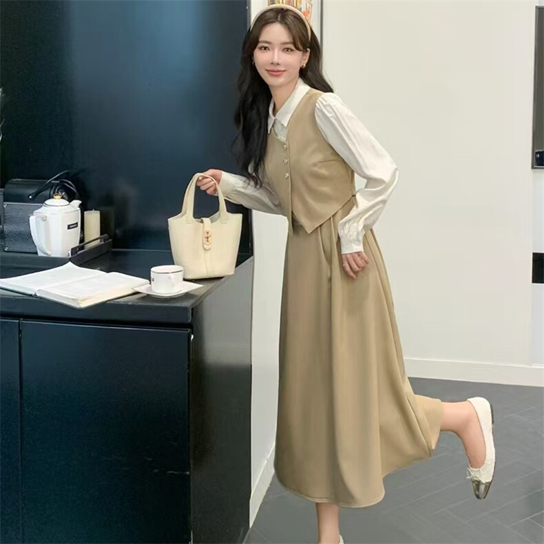 精品现货2024秋装新款女时尚气质拼接假两件套修身高腰连衣裙,女装套装/套裙,煊芮熙