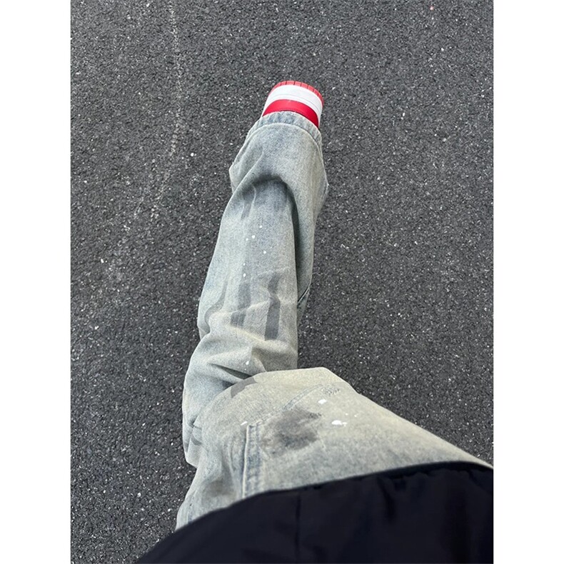 美式vibe高街脏染泼墨牛仔裤男秋冬设计感微喇裤复古水洗做旧长裤,男装牛仔裤,星座1210-1