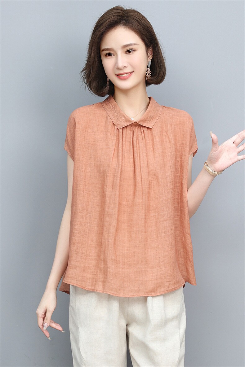 2022年夏季新款苎麻衬衫女短袖简约衬衣妈妈棉麻夏装上衣,女装衬衫,忆绮罗