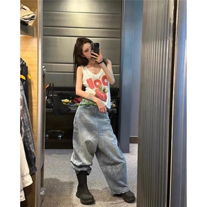 美式复古潮牌设计感烫钻牛仔裤男女阔腿宽松高级感裤子NKZ24-P81图片