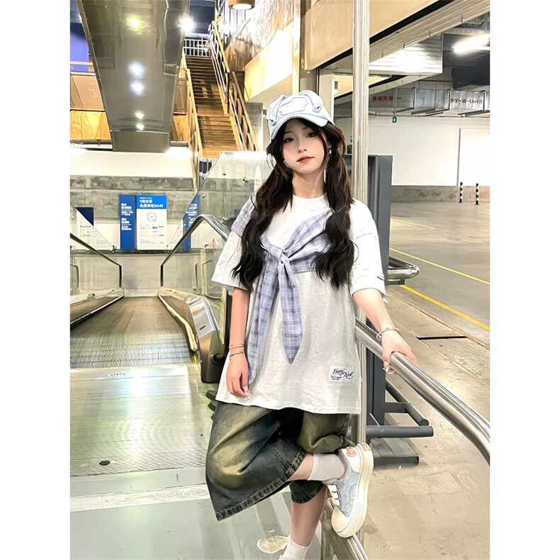 网图有货美式复古蝴蝶结格子绑带短袖T恤男女情侣上衣A633-P38,男装T恤,星座1505