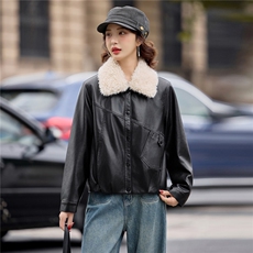 【冬季新款】大量现货时尚潮流加绒加厚可脱卸毛领皮棉外套，女装皮衣，魅衣本色