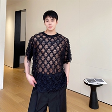 夏季男士新款圆领宽松小心机短袖镂空雕花T恤上衣潮A345-263-P60，男装T恤，电商A345