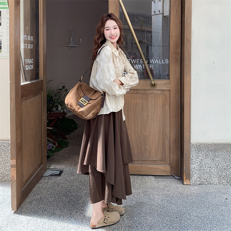 日系文艺扎染衬衫不规则阔腿裙裤套装女2025春秋新款小个子两件套,女装套装/套裙,2C007