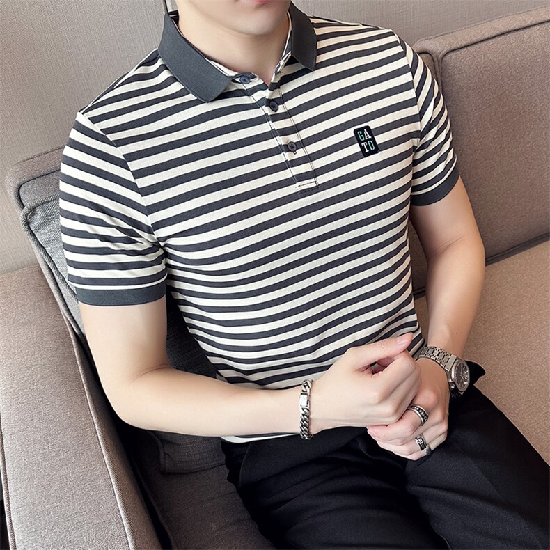 数据款品典款高级感轻奢夏短袖T恤翻领条纹Polo衫半袖T0253,男装T恤,电商D342