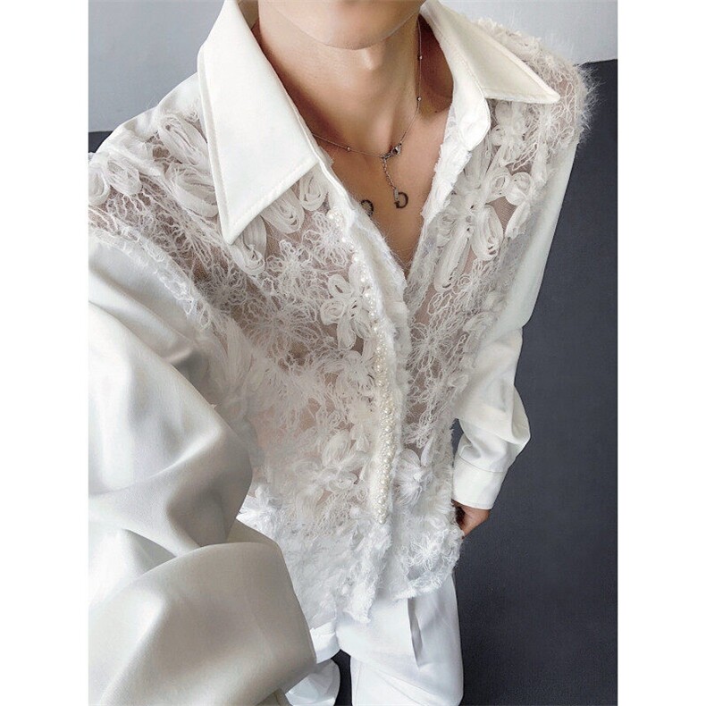 现货！25镂空蕾丝男士珍珠重工轻奢华丽礼服衬衫cs174-118,男装衬衫,电商B288