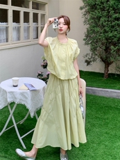 温柔风甜美浅绿色衬衫半身裙套装女夏2025新款独特漂亮显瘦两件套，女装套装/套裙，浙宝301