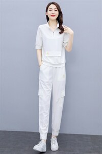 2023夏季新款简约时尚优雅纯色气质立领显瘦休闲舒适两件套裤图片
