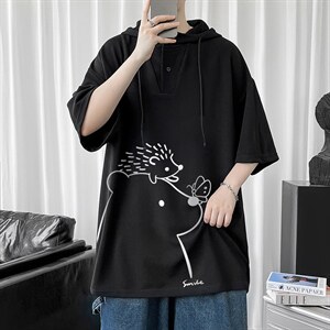 LD54166-P45 连帽短袖t恤男大码胖子带帽五分袖中袖图片
