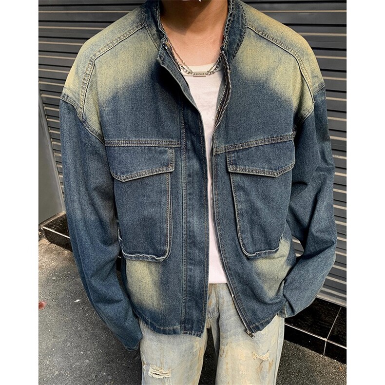 怀旧蓝渐变大口袋立领牛仔外套男复古宽松拉链夹克上衣潮JK01-P75,男装工装外套,星座1001-1