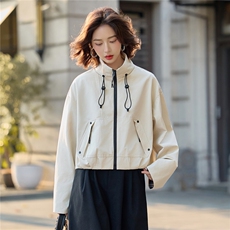 时尚休闲立领抽绳短外套女2025秋季格纹袖口拼接宽松显瘦夹克上衣，女装短外套，沁沁公主