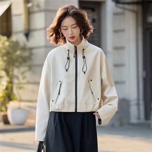 时尚休闲立领抽绳短外套女2025秋季格纹袖口拼接宽松显瘦夹克上衣图片