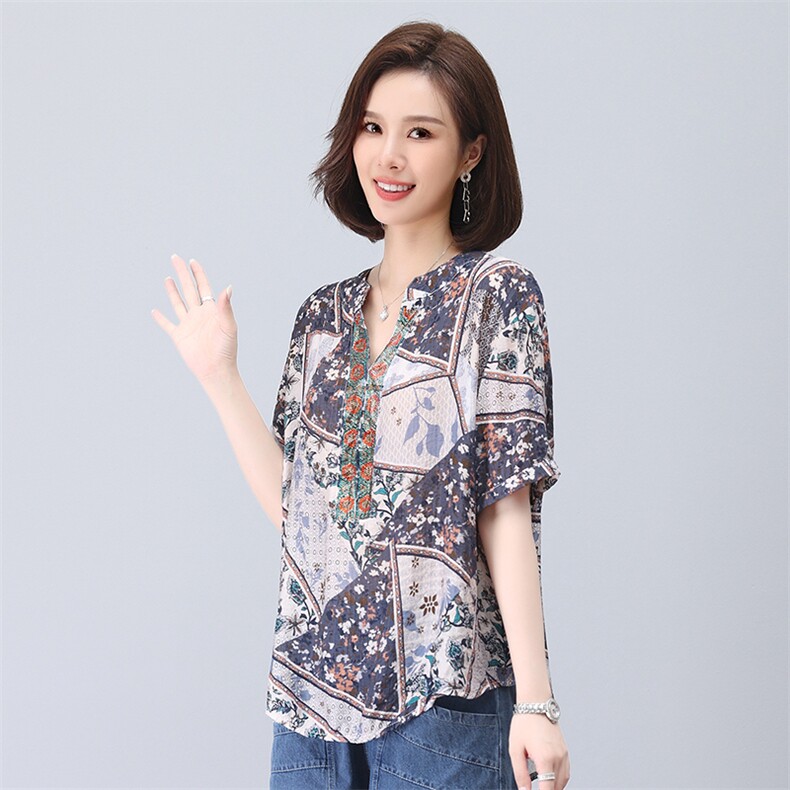 时尚宽松印花镶钻短袖上衣舒适百搭显瘦女装衬衫,女装衬衫,叶笙衣